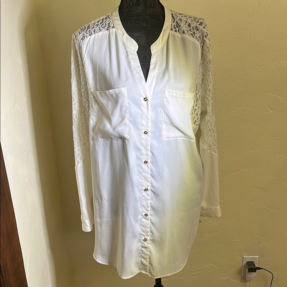 Cream Lace Sleeve Button-Down Shirt